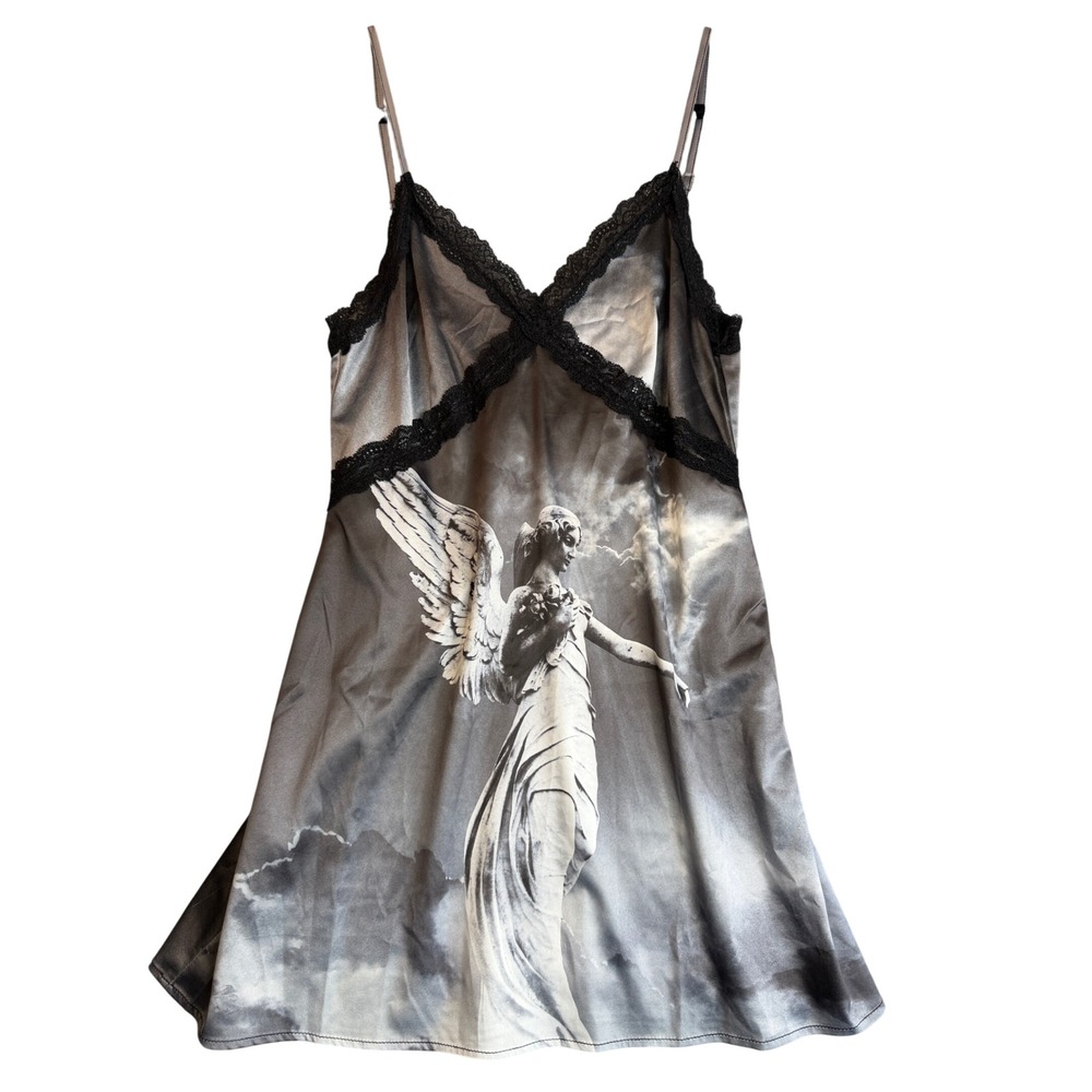 Widow Dolls Kill Angel Fated Omens Slip Dress S Gray Lace Babydoll Mini Goth Y2K